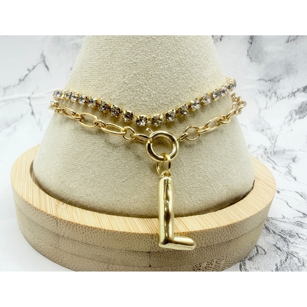 Gold Tone Rhinestone and Initial L Charm Bracelet Stack Set of 2
